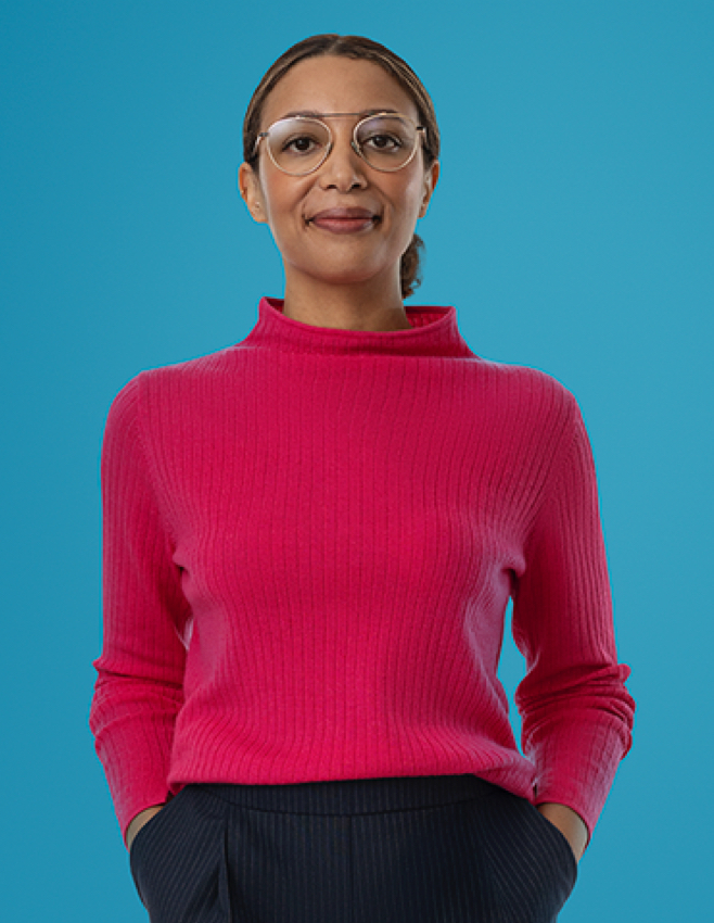 Woman with glasses on blue background